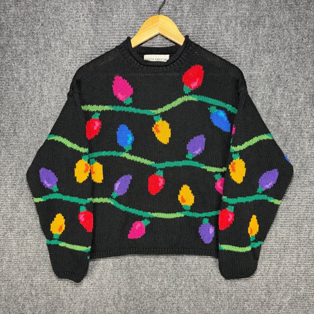 Vintage Marisa Christina 1999 Christmas Light Bulb Knit Sweater Black L